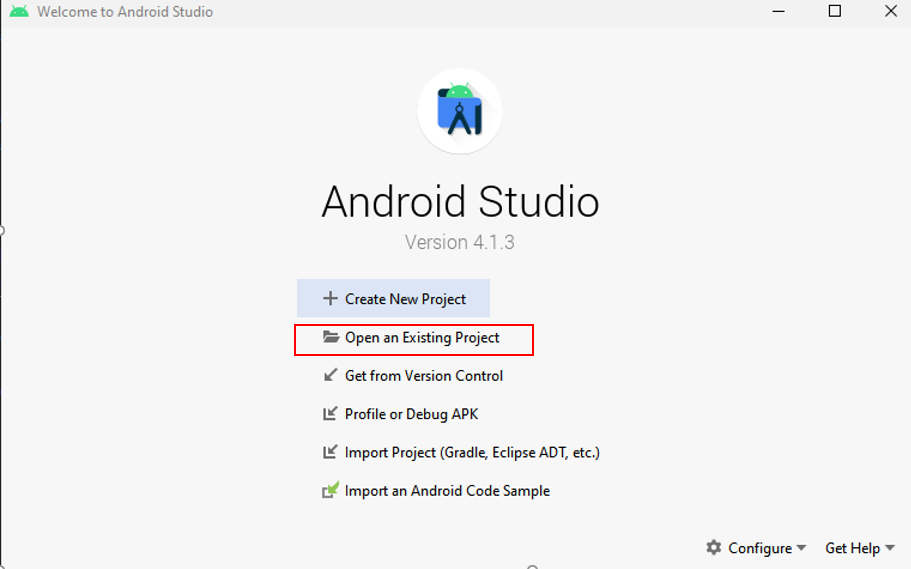 Android Studioで既存のプロジェクトを開くスクリーンショット